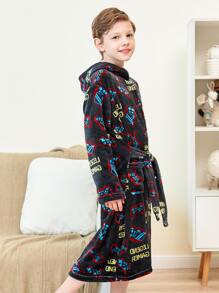 Bata homewear de franela con estampado - Negro - Ver 6