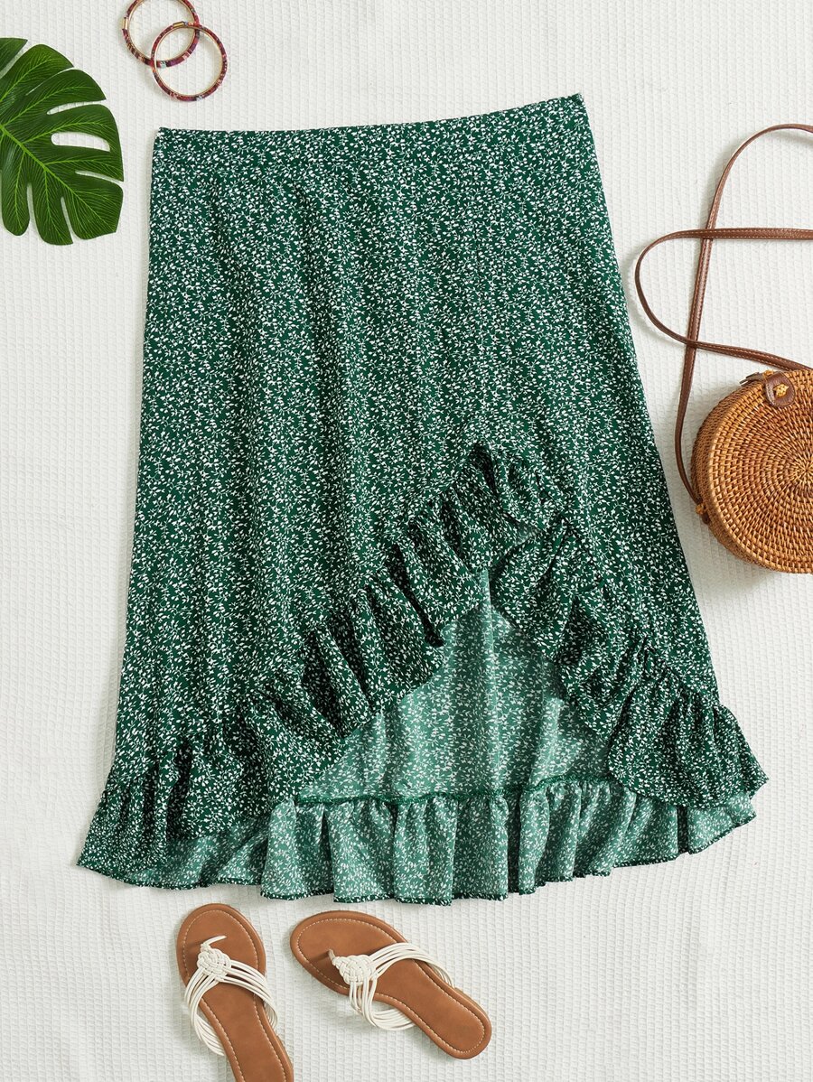 SHEIN VCAY Falda con estampado floral bajo con fruncido asimétrico - Multicolor - Ver 1