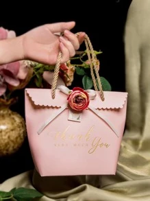 1pc Paper Gift Wrapping Bag, Romantic Slogan Graphic Floral Decor Gift Bag For Party - Multicolor - View 1