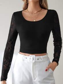 SHEIN Frenchy Contrast Lace Tie Backless Tee - Black - View 3