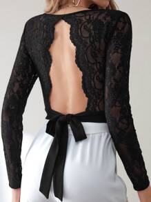 SHEIN Frenchy Contrast Lace Tie Backless Tee - Black - View 1
