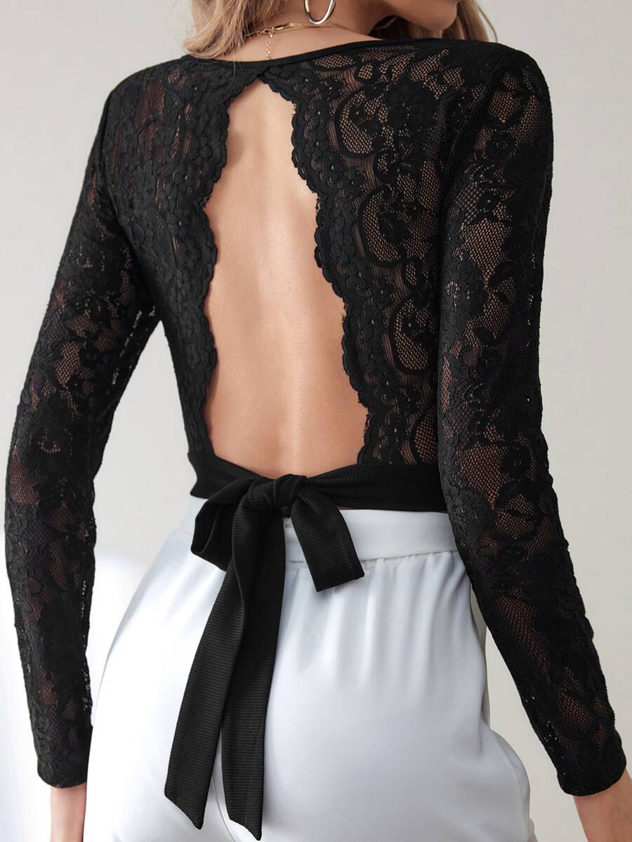 SHEIN Frenchy Contrast Lace Tie Backless Tee - Black - View 1