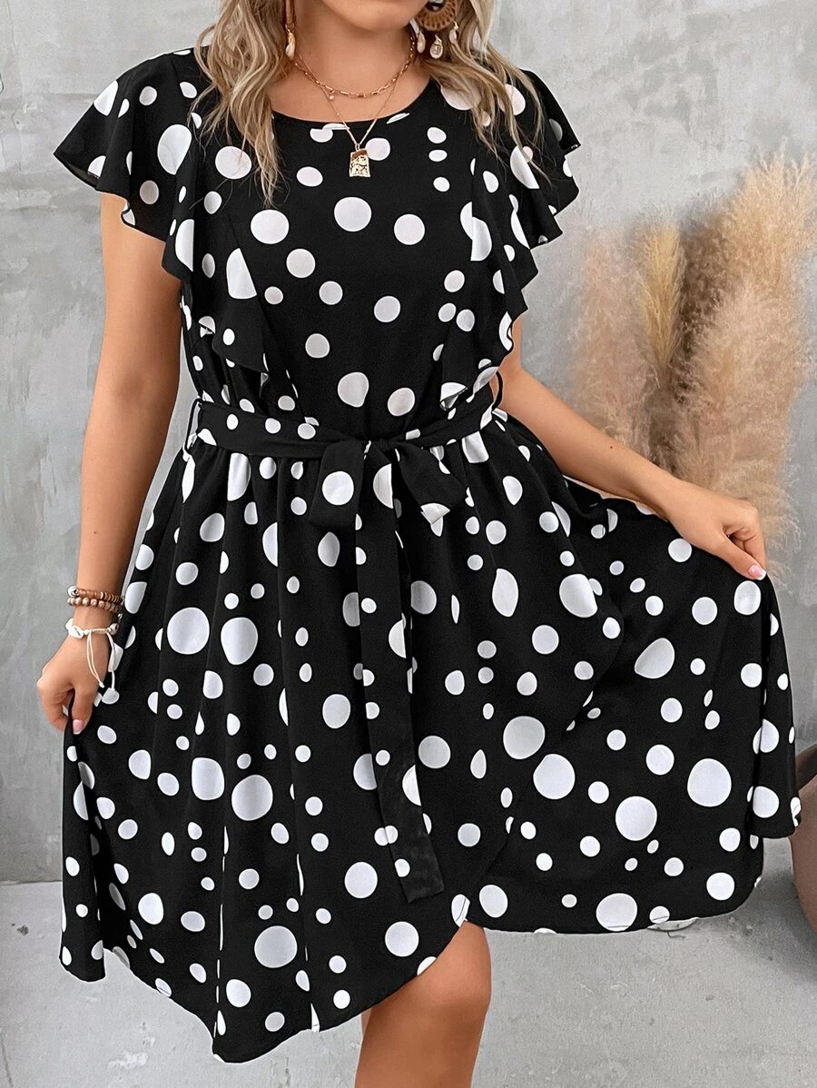 SHEIN Clasi 大碼波點圖案蝴蝶袖繫腰帶連衣裙 - 黑色 - 查看 1