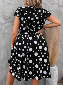 SHEIN Clasi 大碼波點圖案蝴蝶袖繫腰帶連衣裙 - 黑色 - 查看 2