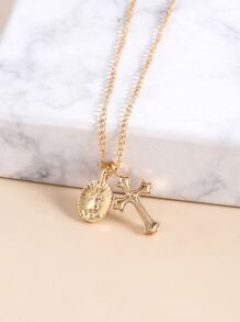 1pc Cubic Zirconia Decor Cross Charm Necklace Copper Jewelry - Yellow Gold - View 3
