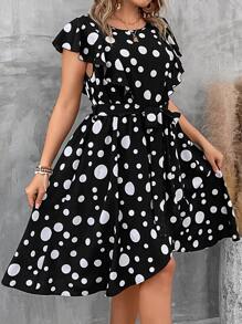 SHEIN Clasi 大碼波點圖案蝴蝶袖繫腰帶連衣裙 - 黑色 - 查看 3