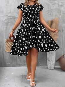 SHEIN Clasi 大碼波點圖案蝴蝶袖繫腰帶連衣裙 - 黑色 - 查看 4