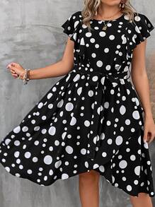 SHEIN Clasi 大碼波點圖案蝴蝶袖繫腰帶連衣裙 - 黑色 - 查看 5