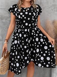 SHEIN Clasi 大碼波點圖案蝴蝶袖繫腰帶連衣裙 - 黑色 - 查看 6