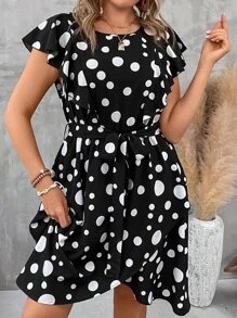 SHEIN Clasi 大碼波點圖案蝴蝶袖繫腰帶連衣裙 - 黑色 - 查看 7