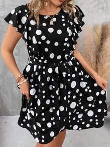 SHEIN Clasi 大碼波點圖案蝴蝶袖繫腰帶連衣裙 - 黑色 - 查看 8