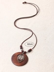 1入復古木質牌匾與樹葉吊墜項鍊 - 棕色 - 查看 3