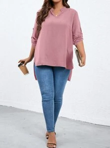 SHEIN LUNE Plus Roll Tab Sleeve High Low Hem Blouse - Dusty Pink - View 1