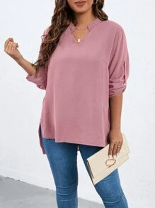 SHEIN LUNE Plus Roll Tab Sleeve High Low Hem Blouse - Dusty Pink - View 3