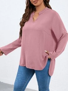 SHEIN LUNE Plus Roll Tab Sleeve High Low Hem Blouse - Dusty Pink - View 4