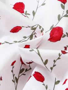 Baby Floral Print Puff Sleeve 2 In 1 Dress - Red and White - View 5