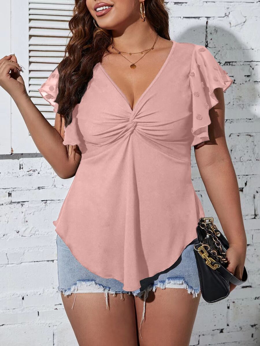 Calvaya 大碼前扭結蝴蝶袖弧形下擺T恤 - 淺粉色 - 查看 1
