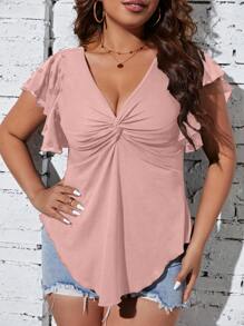 Calvaya 大碼前扭結蝴蝶袖弧形下擺T恤 - 淺粉色 - 查看 4