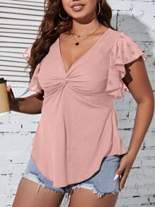 Calvaya 大碼前扭結蝴蝶袖弧形下擺T恤 - 淺粉色 - 查看 6