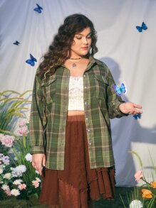 ROMWE Plus Plaid Print Drop Shoulder Flap Pocket Shirt - Green - View 1