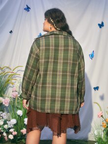 ROMWE Plus Plaid Print Drop Shoulder Flap Pocket Shirt - Green - View 2