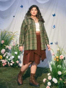 ROMWE Plus Plaid Print Drop Shoulder Flap Pocket Shirt - Green - View 3