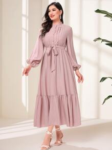Modelyn Lantern Sleeve Ruffle Hem Belted Dress - Dusty Pink - View 4