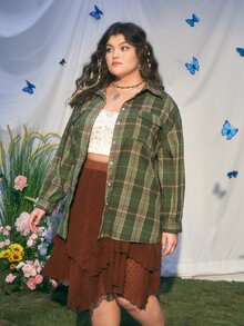 ROMWE Plus Plaid Print Drop Shoulder Flap Pocket Shirt - Green - View 4