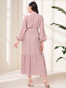 Modelyn Lantern Sleeve Ruffle Hem Belted Dress - Dusty Pink - View 2