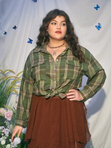 ROMWE Plus Plaid Print Drop Shoulder Flap Pocket Shirt - Green - View 5