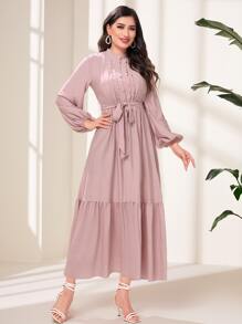 Modelyn Lantern Sleeve Ruffle Hem Belted Dress - Dusty Pink - View 1