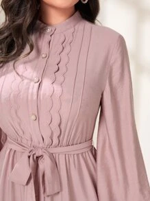 Modelyn Lantern Sleeve Ruffle Hem Belted Dress - Dusty Pink - View 6