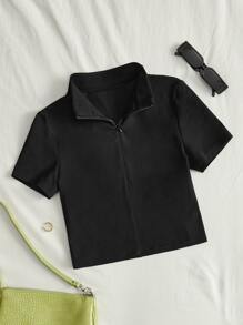 SHEIN EZwear 素色半拉鏈短款T恤 - 黑色 - 查看 1