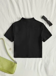 SHEIN EZwear 素色半拉鏈短款T恤 - 黑色 - 查看 2