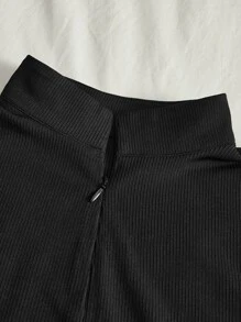 SHEIN EZwear 素色半拉鏈短款T恤 - 黑色 - 查看 3