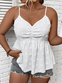 Calvaya Plus Swiss Dot 褶饰荷叶边吊带背心，适合夏季 - 白色 - 查看 1