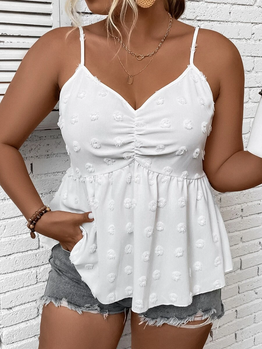 Calvaya Plus Swiss Dot 褶饰荷叶边吊带背心，适合夏季 - 白色 - 查看 1