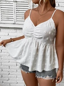 Calvaya Plus Swiss Dot 褶饰荷叶边吊带背心，适合夏季 - 白色 - 查看 5