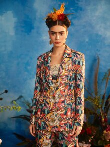 Oxana Frida Kahlo X SHEIN X Designer Floral Print Button Front Blazer - Multicolor - View 4