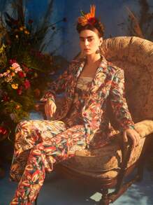 Oxana Frida Kahlo X SHEIN X Designer Floral Print Button Front Blazer - Multicolor - View 7