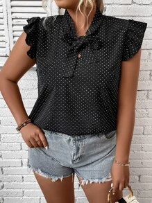 SHEIN LUNE Plus Polka Dot Tie Neck Ruffle Trim Butterfly Sleeve Blouse - Black - View 1