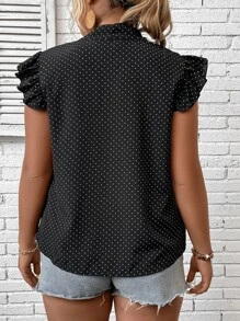SHEIN LUNE Plus Polka Dot Tie Neck Ruffle Trim Butterfly Sleeve Blouse - Black - View 2