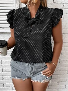 SHEIN LUNE Plus Polka Dot Tie Neck Ruffle Trim Butterfly Sleeve Blouse - Black - View 3