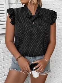 SHEIN LUNE Plus Polka Dot Tie Neck Ruffle Trim Butterfly Sleeve Blouse - Black - View 4