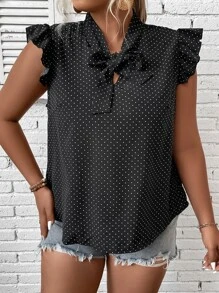 SHEIN LUNE Plus Polka Dot Tie Neck Ruffle Trim Butterfly Sleeve Blouse - Black - View 5