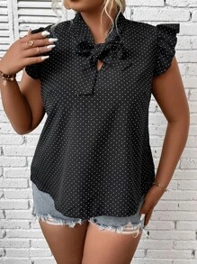 SHEIN LUNE Plus Polka Dot Tie Neck Ruffle Trim Butterfly Sleeve Blouse - Black - View 6