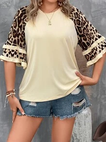 SHEIN LUNE 大碼豹紋印花荷葉袖T恤 - 卡其色 - 查看 1