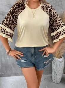 SHEIN LUNE 大碼豹紋印花荷葉袖T恤 - 卡其色 - 查看 3