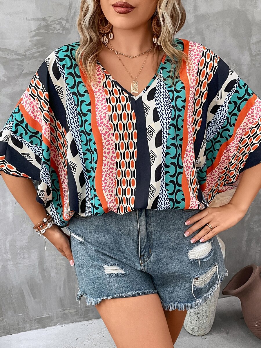 SHEIN LUNE Plus Geo Print Batwing Sleeve Blouse - Multicolor - View 1