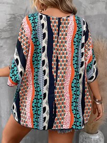 SHEIN LUNE Plus Geo Print Batwing Sleeve Blouse - Multicolor - View 2